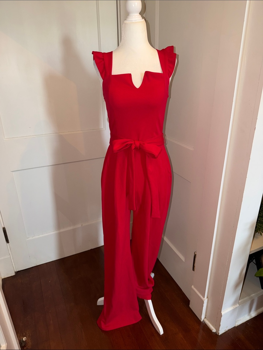 Women’s Red Ruffle Sleeve Wide-Leg Jumpsuit with Waist Tie Size Medium